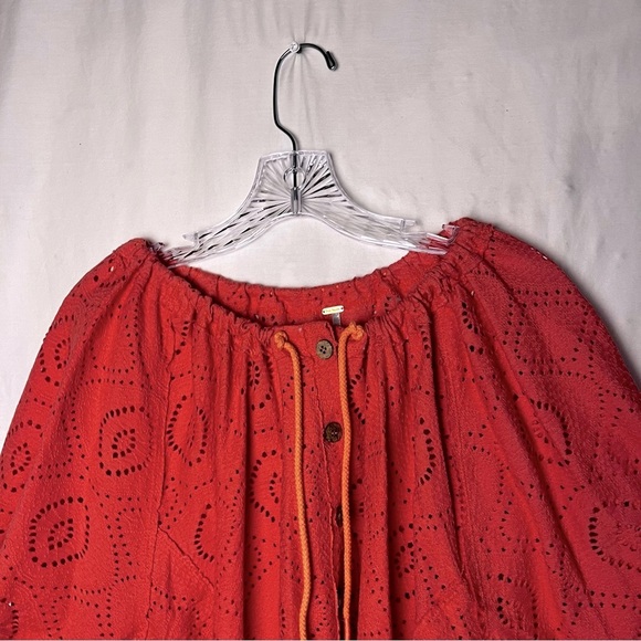 Free People | Orange Eyelet Button Front Puff Sleeve Top, Medium - Picture 5 of 9